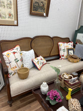 Load image into Gallery viewer, Vintage Settee with flawless caned back and arms. All new springs, ties and fabric