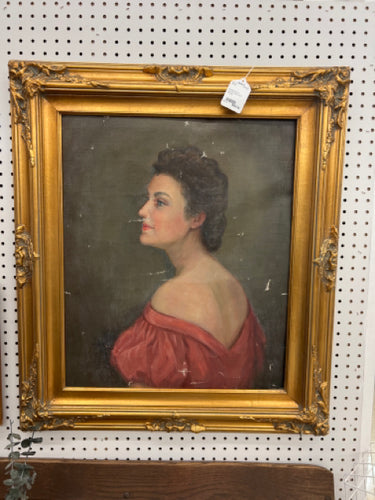 Antique Oil on Canvas Red Gown Woman